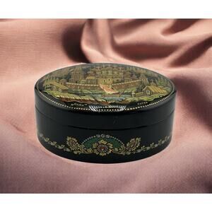 Russian Lacquer Papier Mache Box Kholui Village Scene Oval Signed
